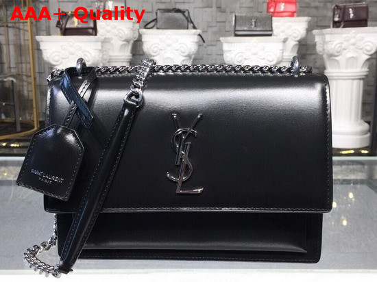 Saint Laurent Medium Sunset Bag in Black Smooth Leather Silver Toned Metal Hardware Replica