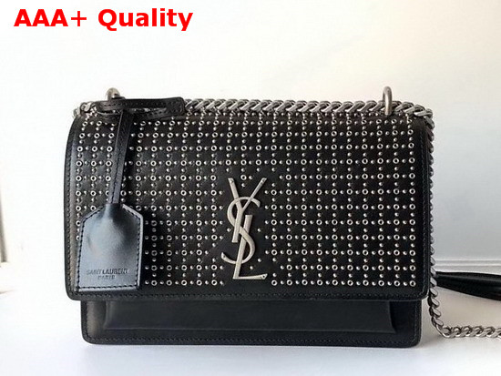 Saint Laurent Medium Sunset Bag in Black Smooth Leather and Eyelets Replica