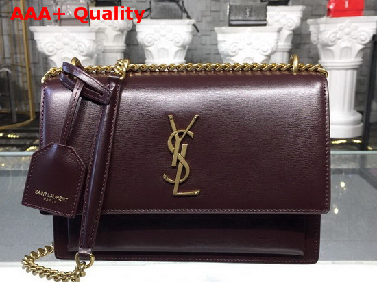 Saint Laurent Medium Sunset Bag in Dark Red Smooth Leather Bronze Metal Hardware Replica