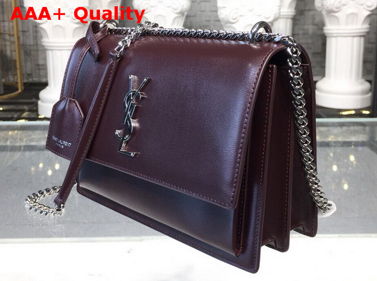 Saint Laurent Medium Sunset Bag in Dark Red Smooth Leather Silver Toned Metal Hardware Replica