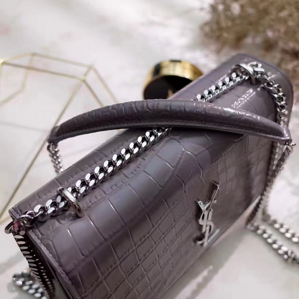 Saint Laurent Medium Sunset Bag in Grey Crocodile Embossed Shiny Leather For Sale