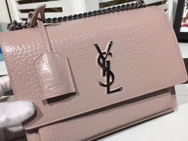 Saint Laurent Medium Sunset Bag in Light Pink Crocodile Embossed Shiny Leather For Sale