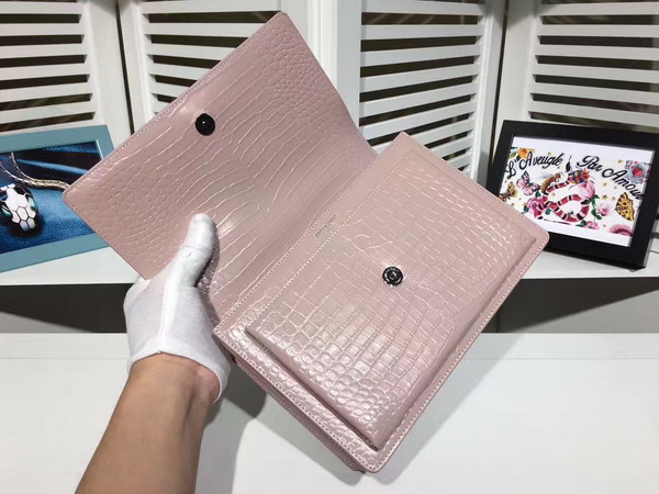 Saint Laurent Medium Sunset Bag in Light Pink Crocodile Embossed Shiny Leather For Sale