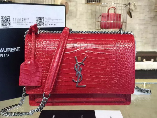 Saint Laurent Medium Sunset Monogram Saint Laurent Bag in Red Crocodile Embossed Shiny Leather For Sale