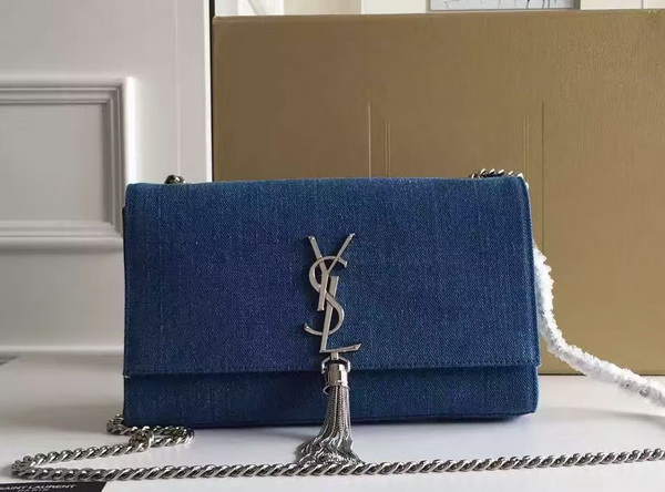 Saint Laurent Medium Tassel Satchel Blue Denim Fabric for Sale