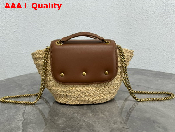 Saint Laurent Mini Manon in Raffia and Aged Vegetable Tanned Leather Naturel and Brick Replica