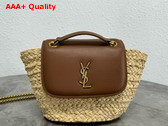 Saint Laurent Mini Manon in Raffia and Aged Vegetable Tanned Leather Naturel and Brick Replica