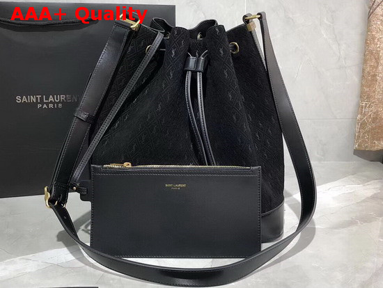 Saint Laurent Monogram All Over Bucket Bag in Black Suede Calfskin Leather Replica