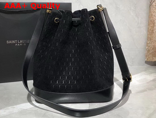 Saint Laurent Monogram All Over Bucket Bag in Black Suede Calfskin Leather Replica