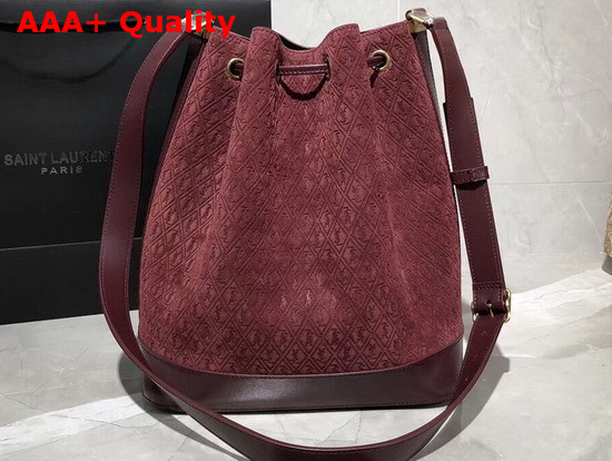 Saint Laurent Monogram All Over Bucket Bag in Burgundy Suede Calfskin Leather Replica