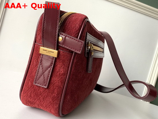 Saint Laurent Monogram All Over Camera Bag in Burgundy Suede Calfskin Leather Replica