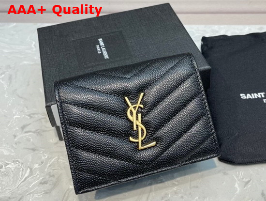 Saint Laurent Monogram Card Case in Black Grain de Poudre Embossed Leather with Gold Metal Replica