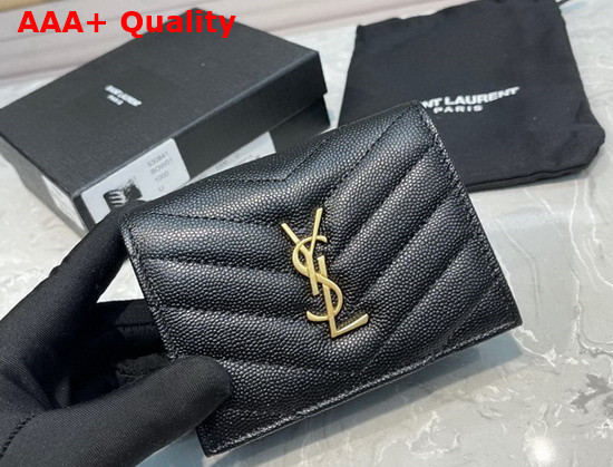 Saint Laurent Monogram Card Case in Black Grain de Poudre Embossed Leather with Gold Metal Replica