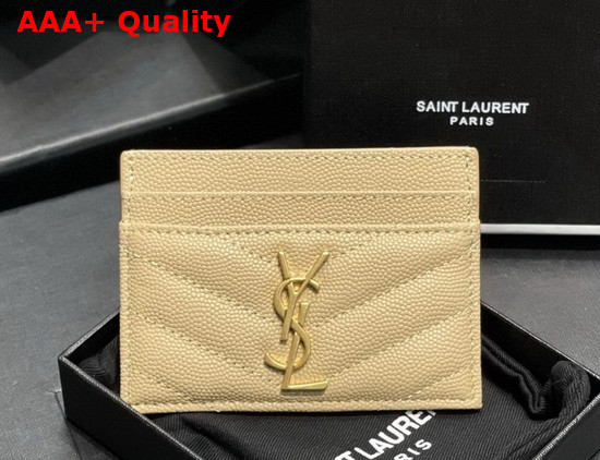 Saint Laurent Monogram Card Case in Dark Beige Grain de Poudre Embossed Leather Replica