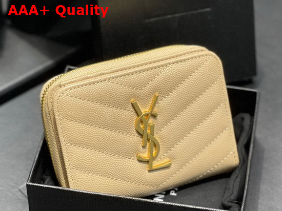 Saint Laurent Monogram Compact Zip Around Wallet in Grain de Poudre Embossed Leather Beige Replica