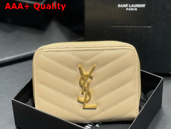 Saint Laurent Monogram Compact Zip Around Wallet in Grain de Poudre Embossed Leather Beige Replica