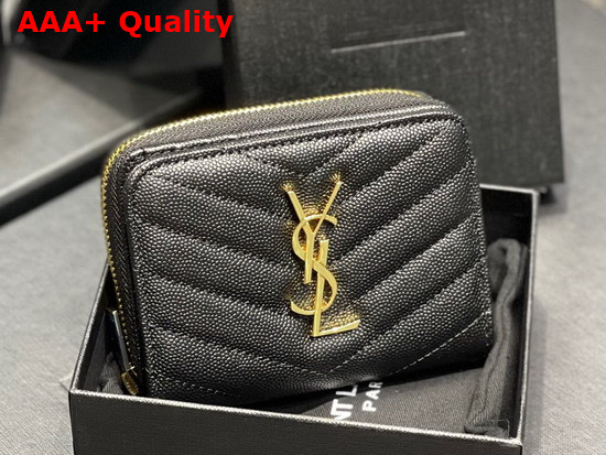 Saint Laurent Monogram Compact Zip Around Wallet in Grain de Poudre Embossed Leather Black Replica