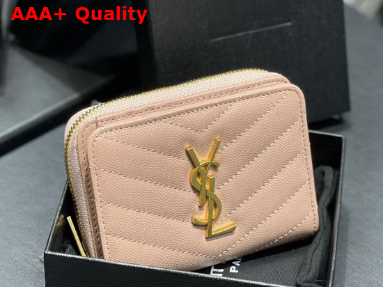 Saint Laurent Monogram Compact Zip Around Wallet in Grain de Poudre Embossed Leather Dark Beige Replica