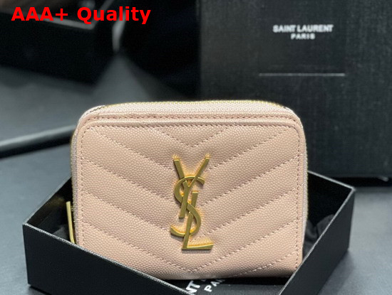 Saint Laurent Monogram Compact Zip Around Wallet in Grain de Poudre Embossed Leather Dark Beige Replica