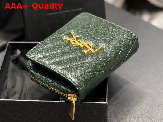 Saint Laurent Monogram Compact Zip Around Wallet in Grain de Poudre Embossed Leather Khaki Green Replica