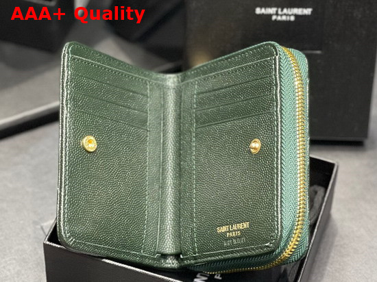 Saint Laurent Monogram Compact Zip Around Wallet in Grain de Poudre Embossed Leather Khaki Green Replica