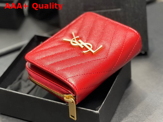 Saint Laurent Monogram Compact Zip Around Wallet in Red Quilted Grained Leather Replica