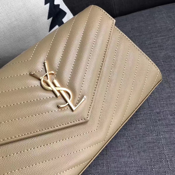 Saint Laurent Monogram Envelope Chain Wallet in Beige Grain De Poudre Textured Matelasse Leather with Gold Metal For Sale