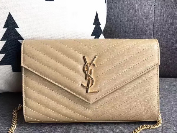 Saint Laurent Monogram Envelope Chain Wallet in Beige Grain De Poudre Textured Matelasse Leather with Gold Metal For Sale