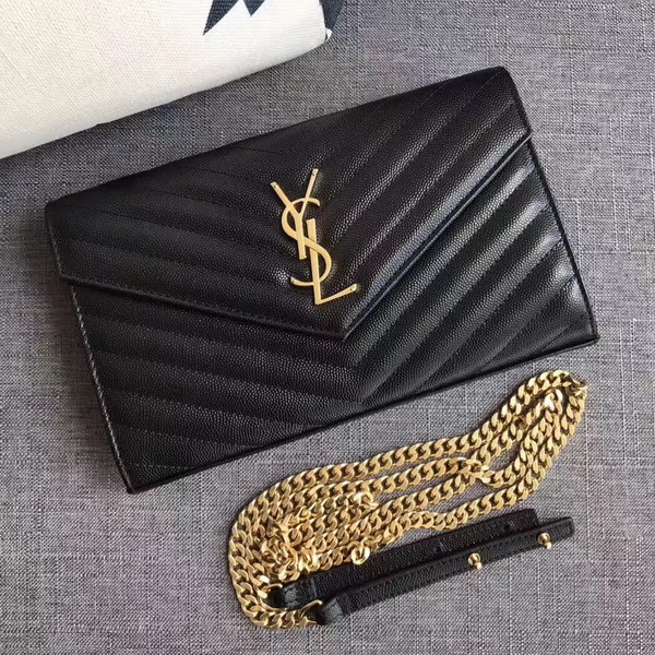 Saint Laurent Monogram Envelope Chain Wallet in Black Grain De Poudre Textured Matelasse Leather with Gold Hardwares For Sale