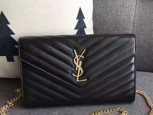 Saint Laurent Monogram Envelope Chain Wallet in Black Grain De Poudre Textured Matelasse Leather with Gold Hardwares For Sale