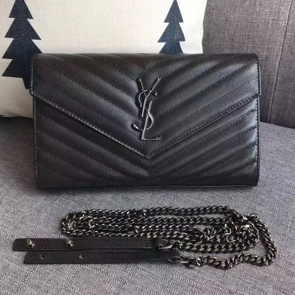 Saint Laurent Monogram Envelope Chain Wallet in Black Grain De Poudre Textured Matelasse Leather with Gun Metal For Sale