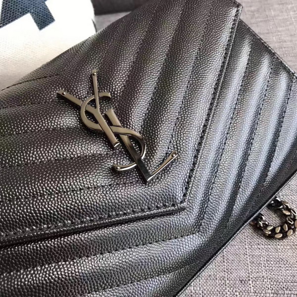 Saint Laurent Monogram Envelope Chain Wallet in Black Grain De Poudre Textured Matelasse Leather with Gun Metal For Sale