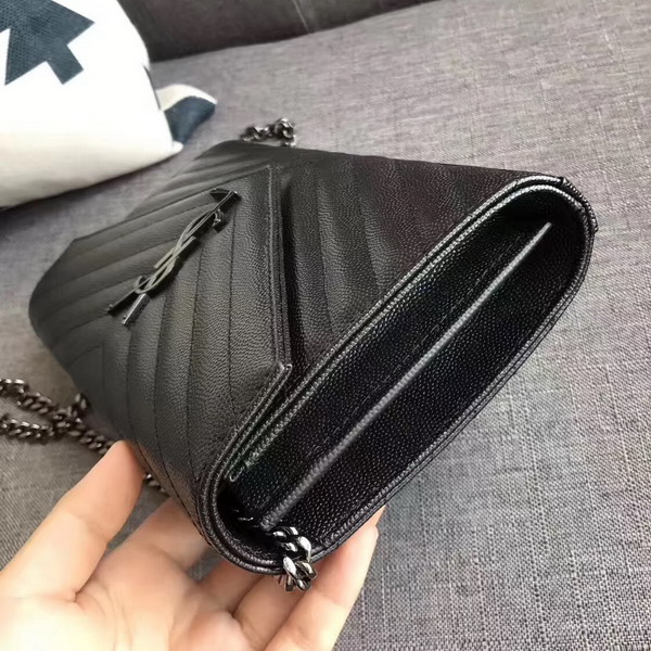 Saint Laurent Monogram Envelope Chain Wallet in Black Grain De Poudre Textured Matelasse Leather with Gun Metal For Sale