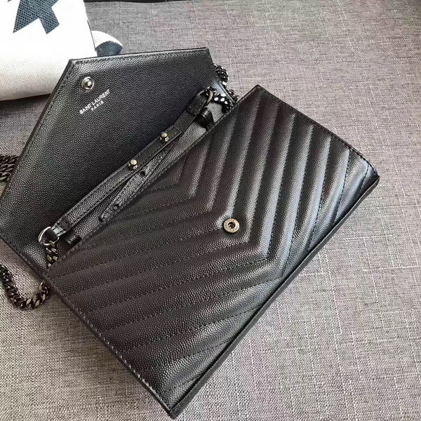 Saint Laurent Monogram Envelope Chain Wallet in Black Grain De Poudre Textured Matelasse Leather with Gun Metal For Sale