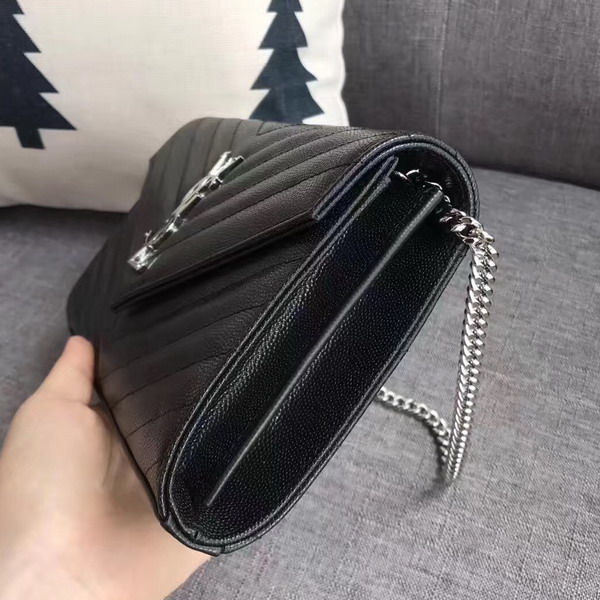 Saint Laurent Monogram Envelope Chain Wallet in Black Grain De Poudre Textured Matelasse Leather with Silver Hardwares For Sale