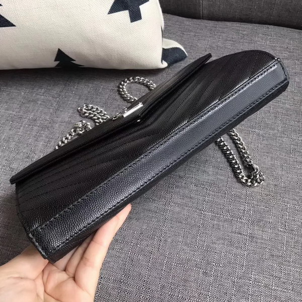 Saint Laurent Monogram Envelope Chain Wallet in Black Grain De Poudre Textured Matelasse Leather with Silver Hardwares For Sale