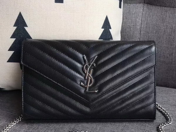 Saint Laurent Monogram Envelope Chain Wallet in Black Grain De Poudre Textured Matelasse Leather with Silver Hardwares For Sale