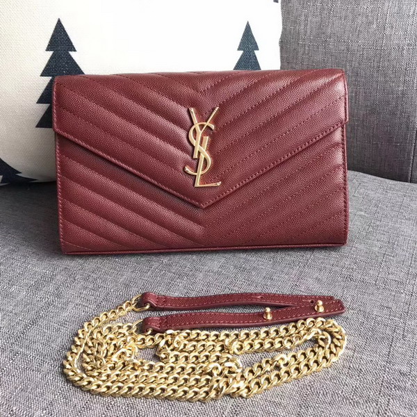 Saint Laurent Monogram Envelope Chain Wallet in Dark Red Grain De Poudre Textured Matelasse Leather with Gold Hardwares For Sale