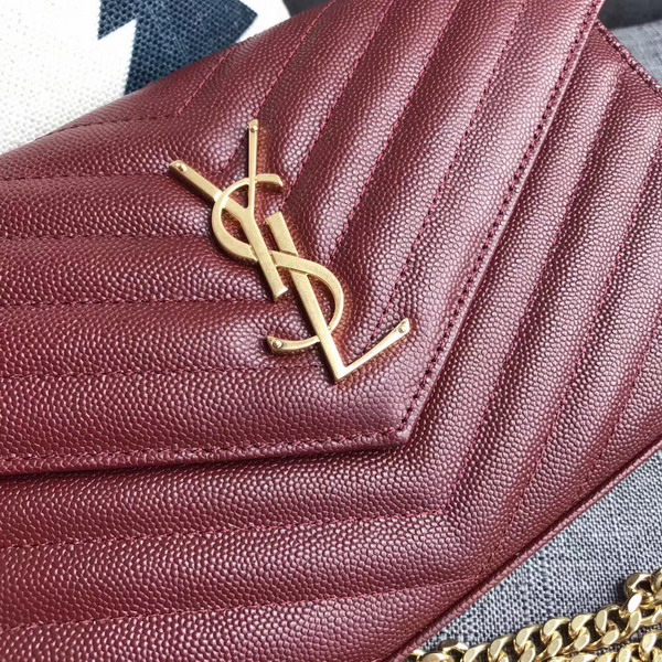 Saint Laurent Monogram Envelope Chain Wallet in Dark Red Grain De Poudre Textured Matelasse Leather with Gold Hardwares For Sale