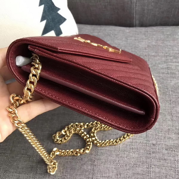 Saint Laurent Monogram Envelope Chain Wallet in Dark Red Grain De Poudre Textured Matelasse Leather with Gold Hardwares For Sale