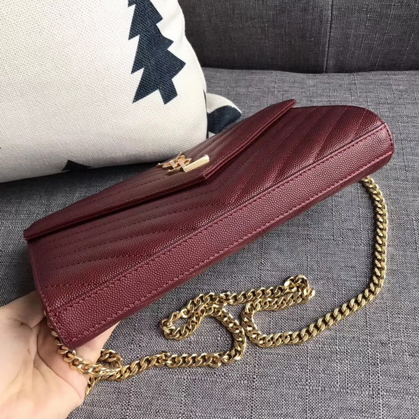 Saint Laurent Monogram Envelope Chain Wallet in Dark Red Grain De Poudre Textured Matelasse Leather with Gold Hardwares For Sale