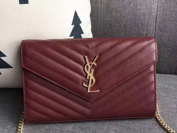 Saint Laurent Monogram Envelope Chain Wallet in Dark Red Grain De Poudre Textured Matelasse Leather with Gold Hardwares For Sale