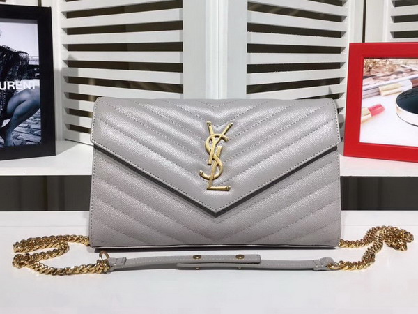 Saint Laurent Monogram Envelope Chain Wallet in Light Grey Grain De Poudre Textured Matelasse Leather with Gold Hardwares For Sale