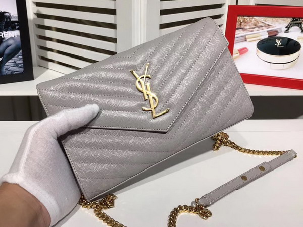 Saint Laurent Monogram Envelope Chain Wallet in Light Grey Grain De Poudre Textured Matelasse Leather with Gold Hardwares For Sale