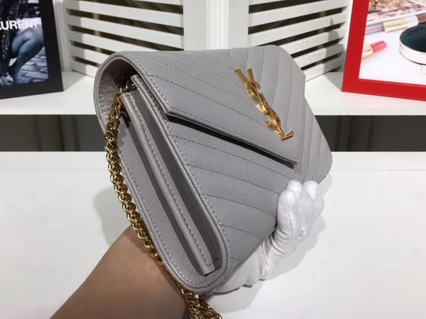 Saint Laurent Monogram Envelope Chain Wallet in Light Grey Grain De Poudre Textured Matelasse Leather with Gold Hardwares For Sale