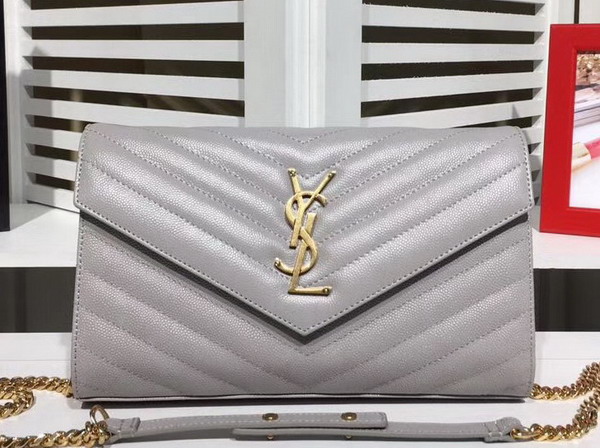 Saint Laurent Monogram Envelope Chain Wallet in Light Grey Grain De Poudre Textured Matelasse Leather with Gold Hardwares For Sale