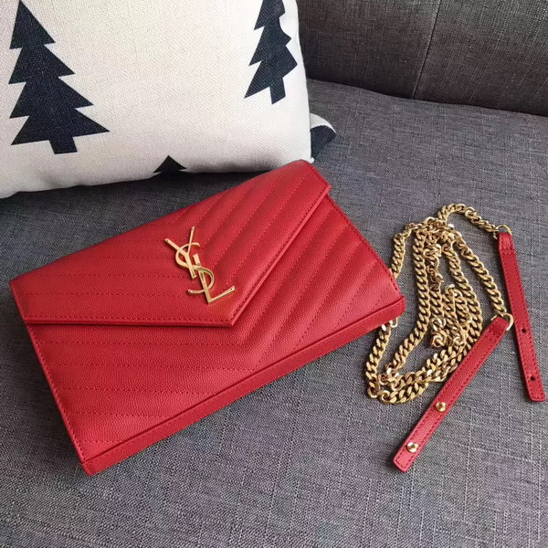 Saint Laurent Monogram Envelope Chain Wallet in Red Grain De Poudre Textured Matelasse Leather with Gold Hardwares For Sale