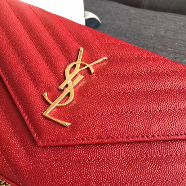 Saint Laurent Monogram Envelope Chain Wallet in Red Grain De Poudre Textured Matelasse Leather with Gold Hardwares For Sale