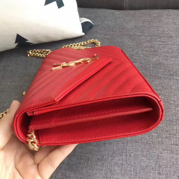 Saint Laurent Monogram Envelope Chain Wallet in Red Grain De Poudre Textured Matelasse Leather with Gold Hardwares For Sale