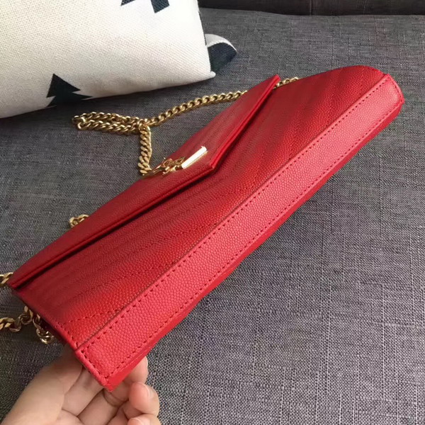 Saint Laurent Monogram Envelope Chain Wallet in Red Grain De Poudre Textured Matelasse Leather with Gold Hardwares For Sale